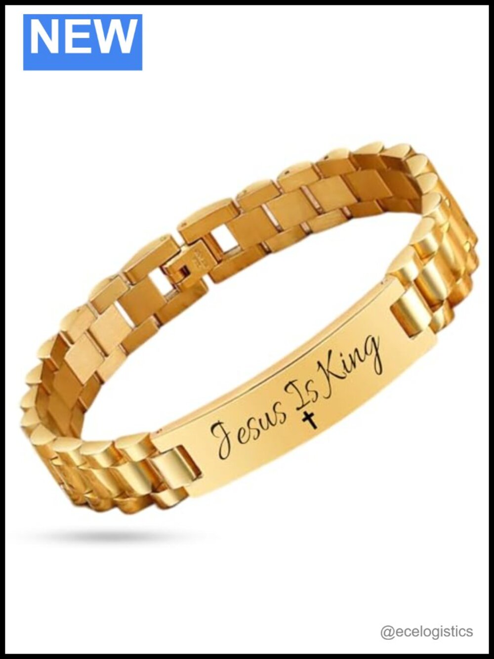 Stainless Steel Cuban Link Bracelet 18K Gold Plated Engraved Adjustable